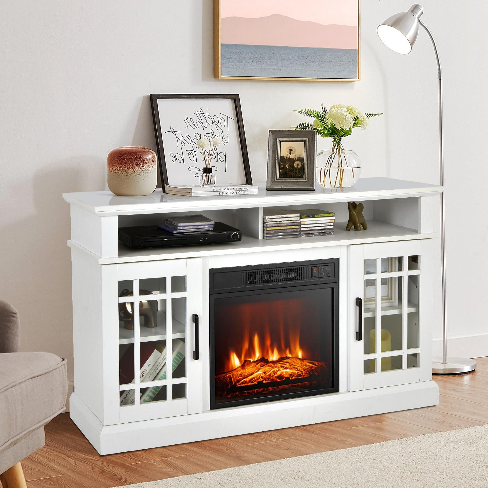 Giantex 48" Wooden TV Stand w/Fireplace, Electric Fireplace TV Cabinet, Farmhouse Media Entertainment Center Console Table, White
