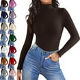 thumbnail image 2 of Mock Turtle Necks Tops for Women Long Sleeve Ribbed Shirts Thermal Slim Fit Lightweight Undershirts，Coffee L, 2 of 6