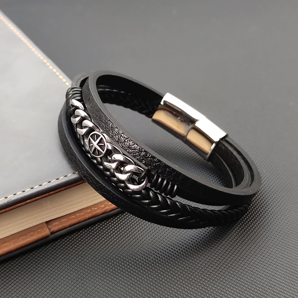 YIFSIY Black Mutil-layer Braided Leather Bracelet with Six Pointed Star Stainless Steel Cuff Bracelet for Men Women
