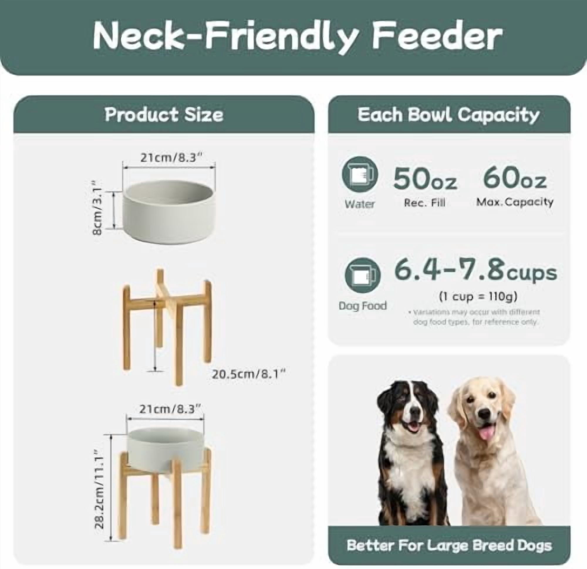 Ceramic 8.2inch Raised Dog Bowl Set, Elevated Feeder with Stand, Food and Water Bowl for Large Breed Dogs, Weighted Pet Dish(60oz, Grey)