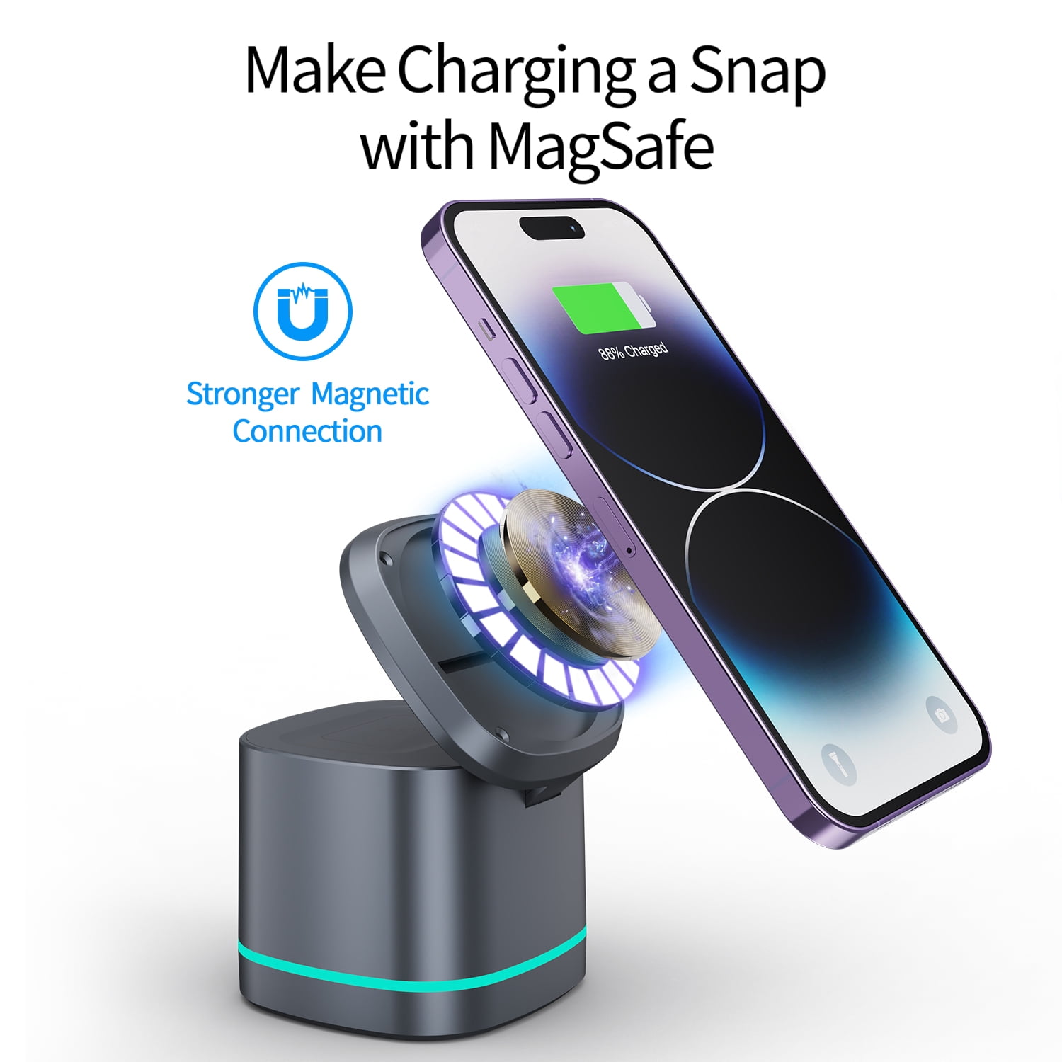 H28 3-in-1 Magnetic Foldable Wireless Charging Station with RGB Light, Strong N52 Magnet 15W Fast Charger for iPhone 17 16 15 14 13 12, Apple Watch, AirPods - Gray