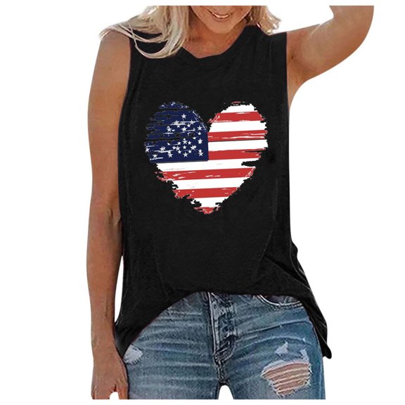 OAVQHLG3B 4th of July Outfits for Women American Flag T Shirt Summer Tops for Women Sleeveless Tank Tops O-Neck Printing Sleeveless Casual Loose Vest Tops