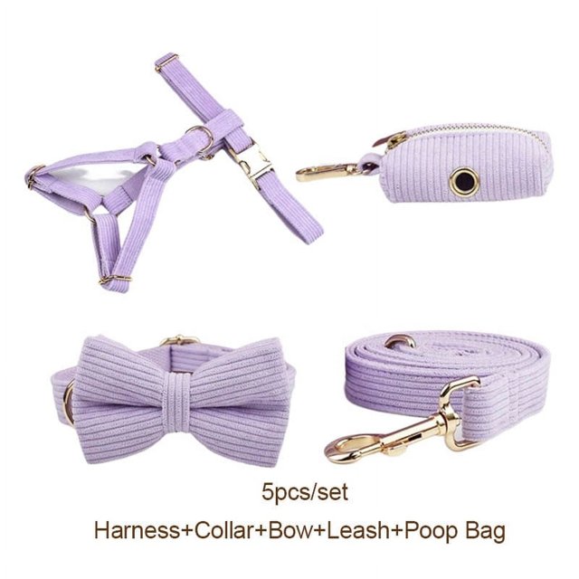 Light Purple Corduroy Dog Collar And Leash Set With Custom Engraved Nameplate
