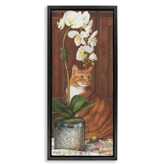 Stupell Industries Cat & Orchid Flower Animals & Insects Painting Black Floater Framed Canvas Art Print Wall Art, 11 x 25