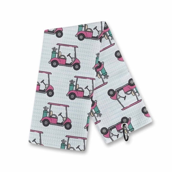 Microfiber Golf Towel with Carabiner Clip, 16×23.8in Absorbent Cute Pink Golf Cart All Over Print Golf Club Cleaning Towel, Portable Golf Bag Sports Accessory for Women Golfers