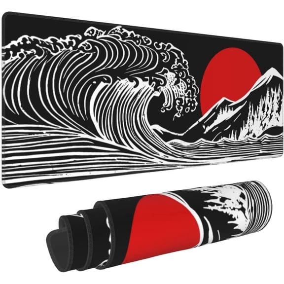 Japanese Red and Black Wave Gaming Mouse Pad Extended Large Mouse Pad XL, Stitched Edges Mousepad, 31.5 X 11.8 Inch