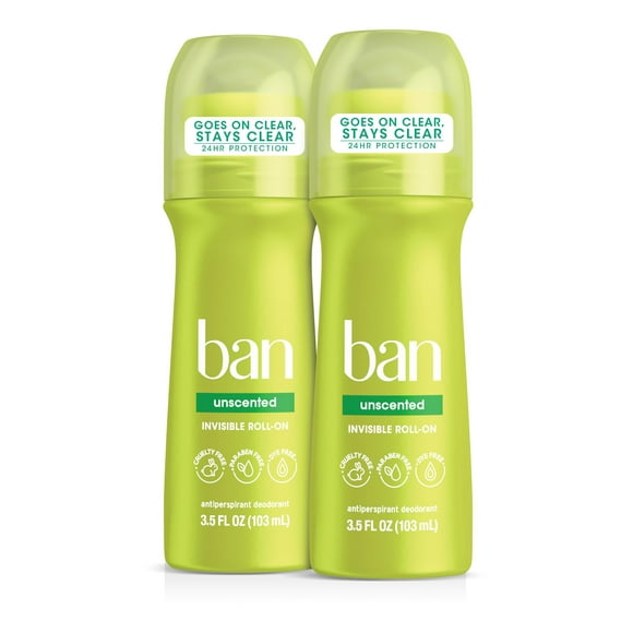 Ban Original Unscented 24-hour Invisible Antiperspirant Roll-on Deodorant for Women and Men Underarm Wetness Protection with Odor-fighting Ingredients 3.5 Fl Oz (Pack of 2)