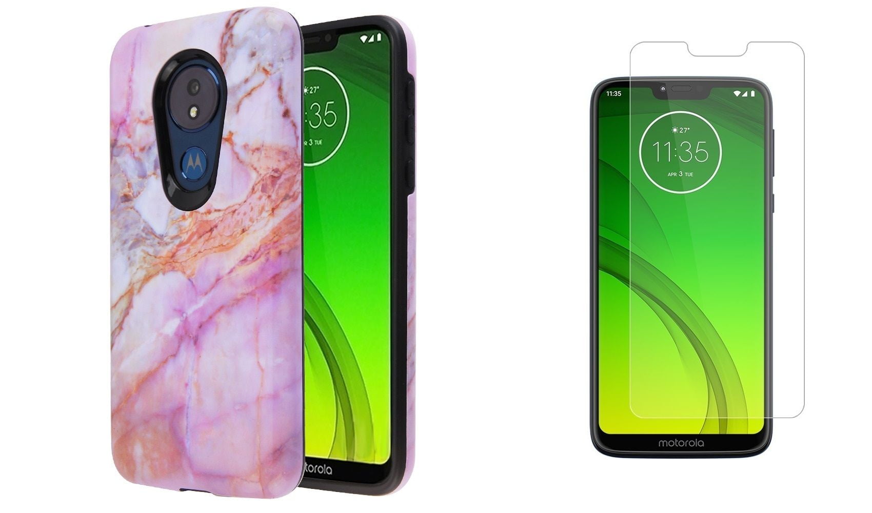 Bemz Fuse Series Compatible with Moto G7 Power, Moto G7 Supra Case Bundle with Dual Hybrid Protection Shield Cover (Purple White Marble), Tempered Glass Screen Protector and Atom Cloth