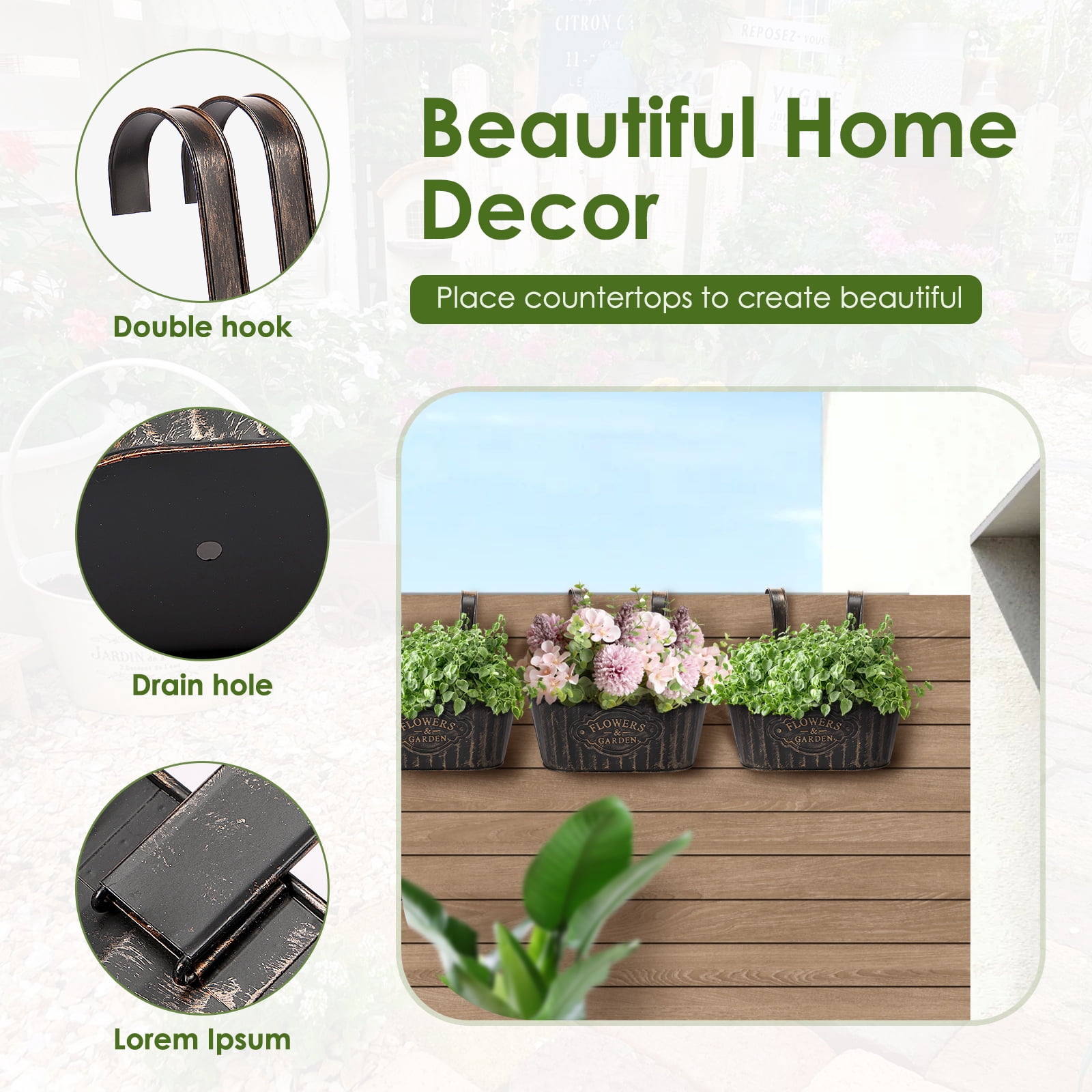 Keyohome 4Pcs Hanging Flower Pots,Metal Wall Planter,Iron Bucket Planter with Detachable Hooks for Indoor Outdoor,Drainage,Rustproof,Black,10.6"