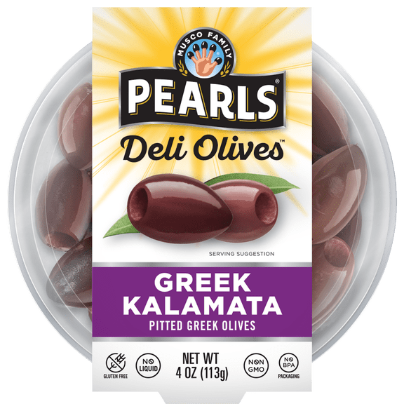 Pearls - Deli Olives Kalamata Pitted Greek Olives 4oz Tub. Allergens Not Contained.