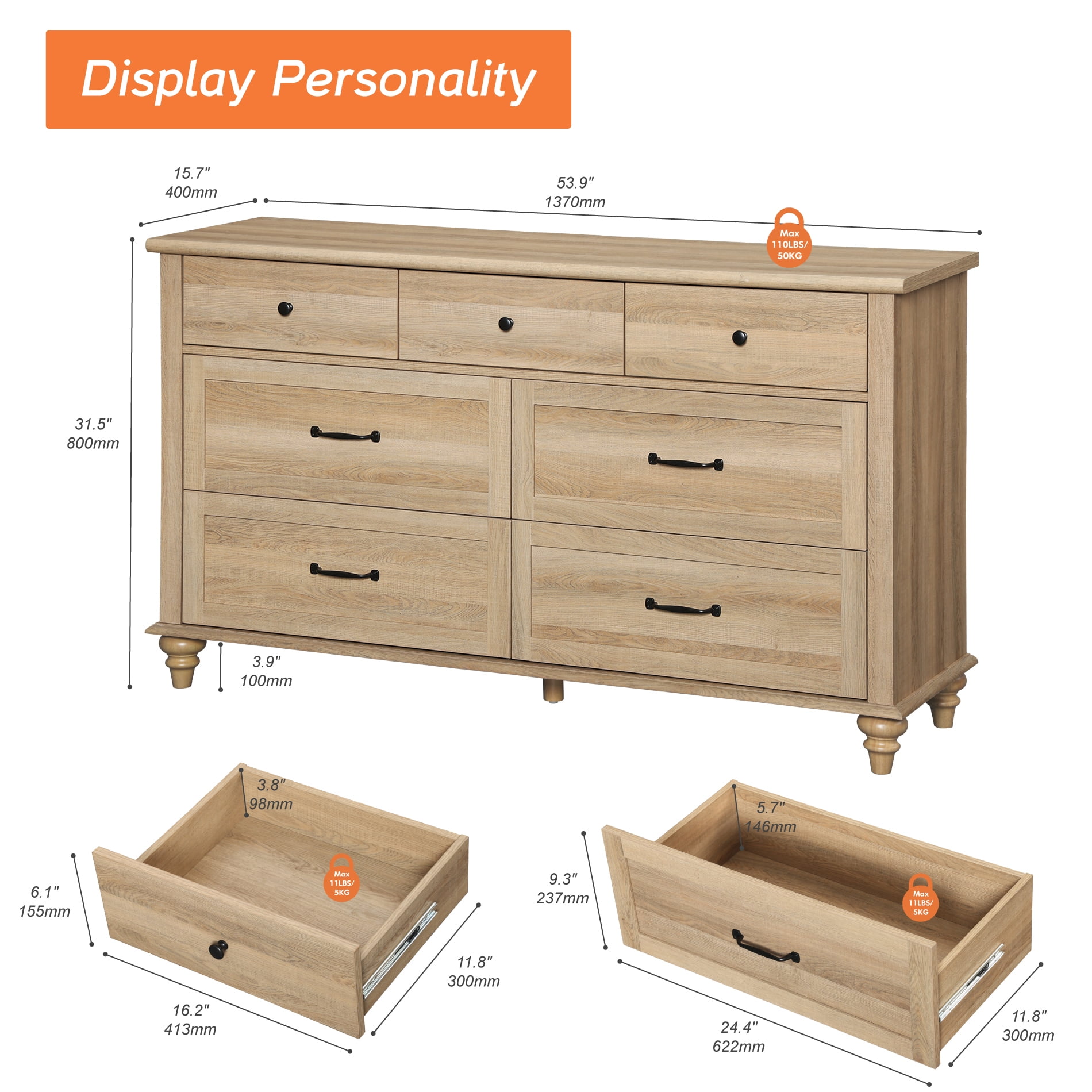 Oak 7 Drawer Dresser for Bedroom, Wooden Chest of Drawers for Living Room