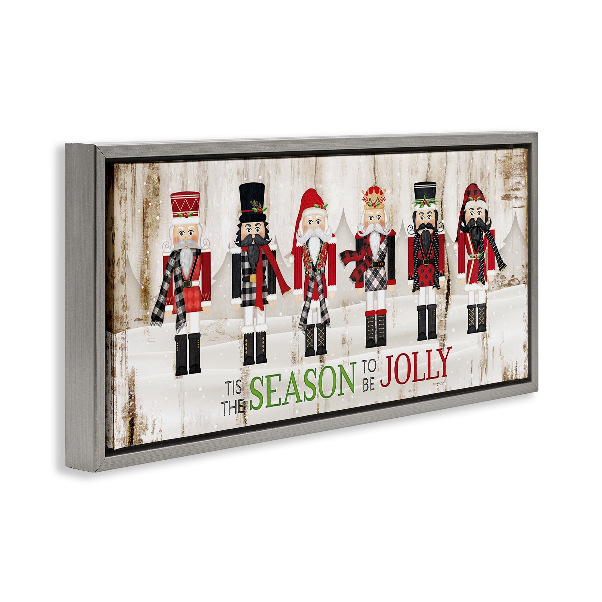 Stupell Industries Festive Phrase Winter Nutcrackers Inspirational Painting Gray Floater Framed Canvas Art Print Wall Art, 31 x 14