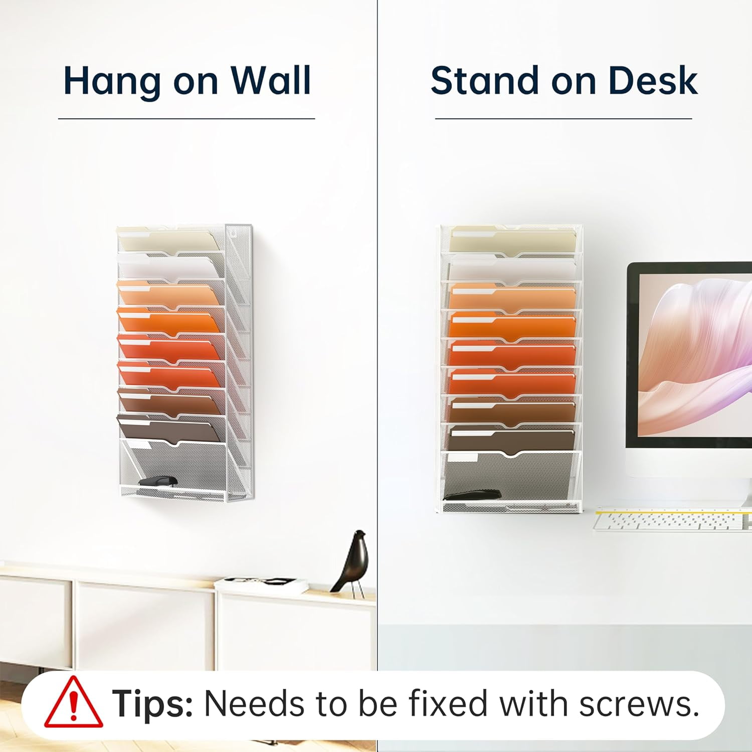 INTIGE 10-Tier Hanging Wall File Holder for Papers, Desktop Magazine Organization for Office, White