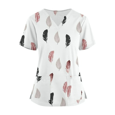 

QAZXD Womens 2023 Summer Tops Short Sleeve V-Neck T Shirts Printed Scrubs for Women with Pockets