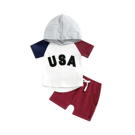 

aturustex 0M 6M 12M 18M 24M 3T Infant Baby Boy 4th of July Clothes Suits Letter Print Contrast Color Short Sleeve Hooded Tops and Solid Color Shorts 2Pcs Set Independence Day
