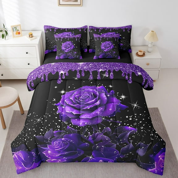 Purple Rose Comforter Set 7 Piece Bed in a Bag Twin,Glitter Galaxy Bedding Set Sequins Fluid Art Sheet Set with Comforter Abstract Ombre Print Bed Set,Garden Flowers Boho Floral Bohemian Decor