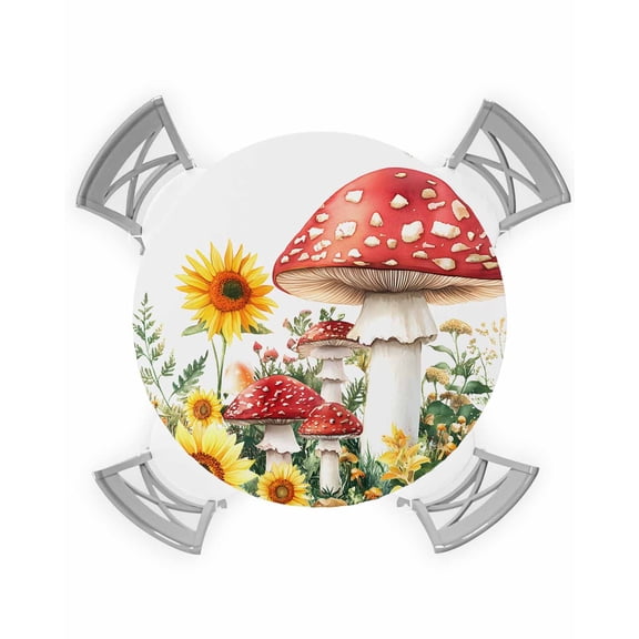 nqOlkjepod Mushroom Round Tablecloth, Fitted Table Cover with Elastic for 45"-54" Round Tables, Sunflower Spring Floral Summer Botanical Table Cloth Outdoor Dinning Party Waterproof Tablecloths