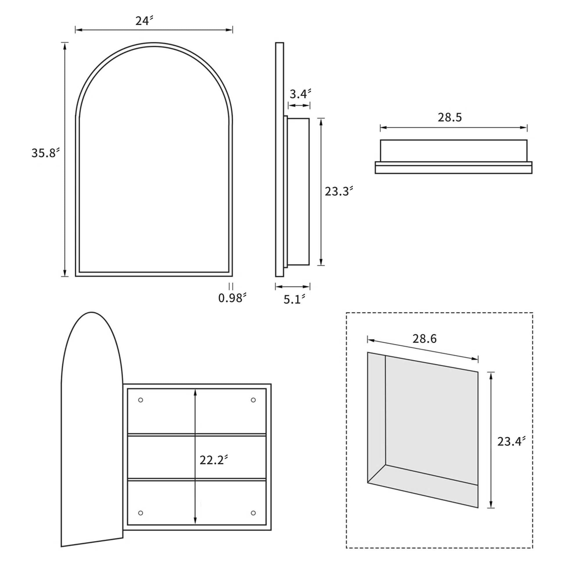 MAYEERTY 36x24x5 Inch White Wood Round Corner Arched Medicine Cabinet for Bathroom