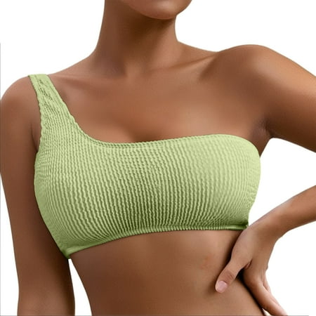 Womens Swimsuits Solid Color One Shoulder Bikini Sets For Women Top Ribbed Padded Bandeau Top Swimwears Holiday Wear Green S
