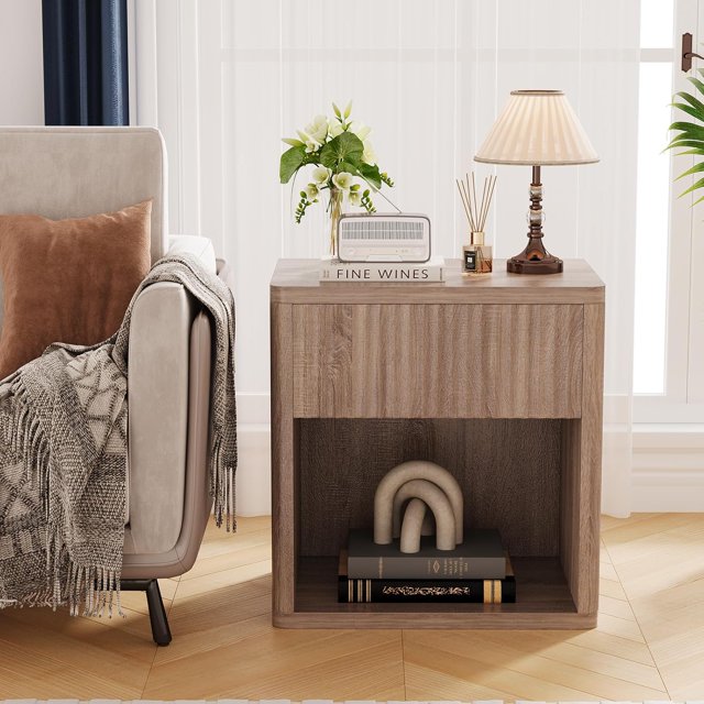 YUSAZENS 1 Pair Hollow Board Bedside Tables with Drawer - Thickened Durable Desktop, Rounded Corners, Wave Pattern & Light Walnut Color, Easy Installation