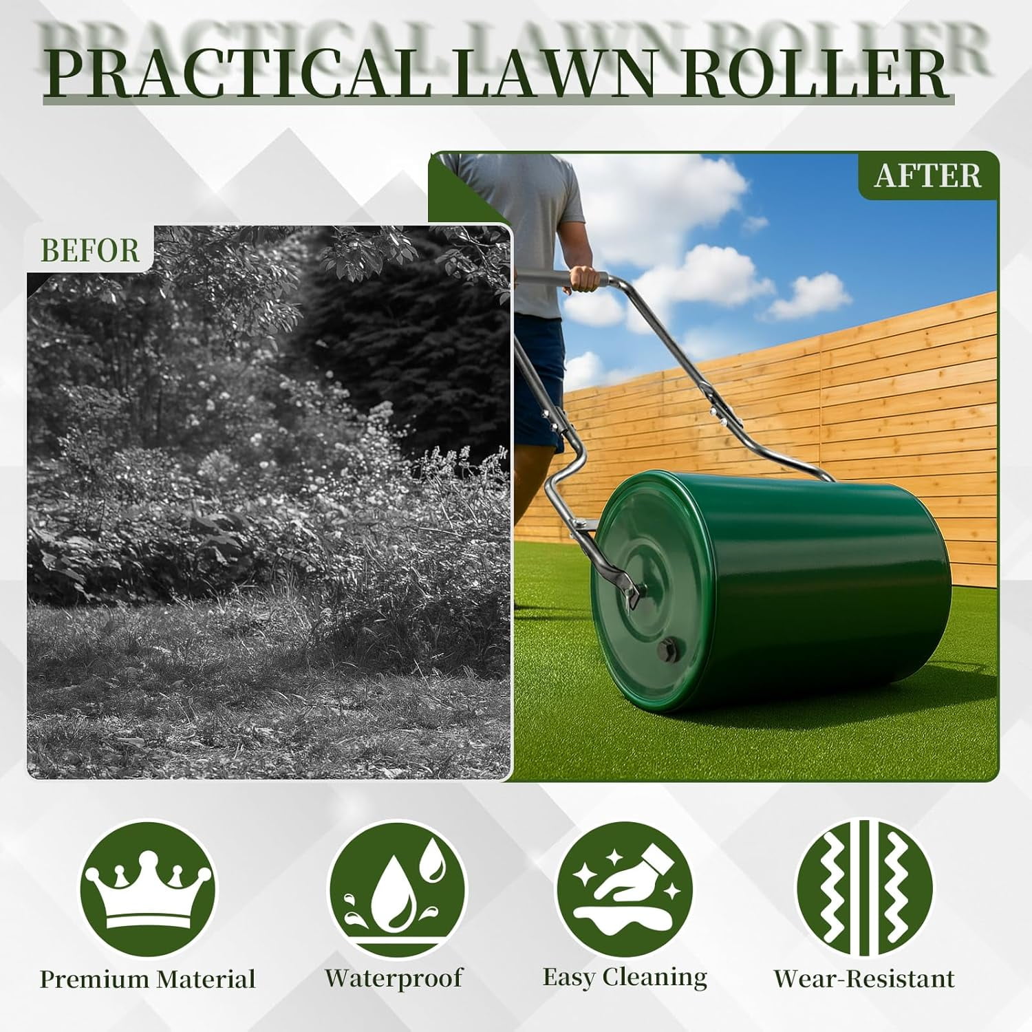 ZJTER Lawn Roller 8 Gallons Water or Sand Filled, Durable Heavy Duty Steel, with Drain Plug and U-Shaped Handle, Manual Tool for Greening up Lawns, for Yard Garden Maintenance, Green (16inch)