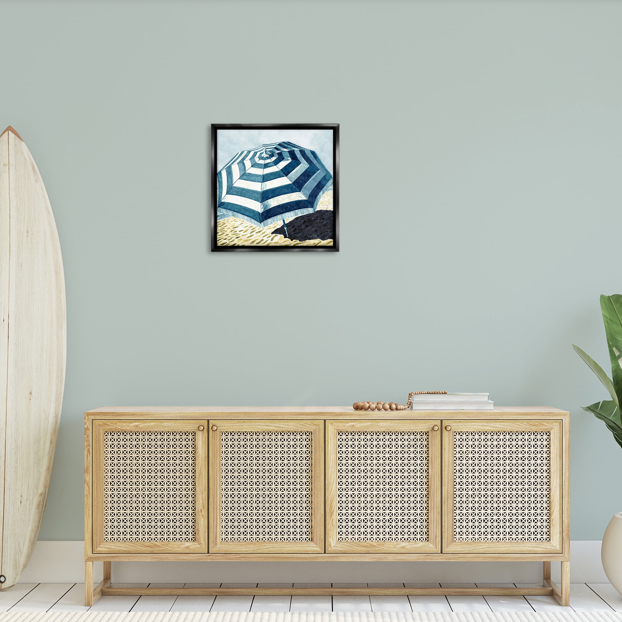 Stupell Industries Striped Beach Umbrella Landscape Painting Black Floater Framed Canvas Art Print Wall Art, 25 x 25
