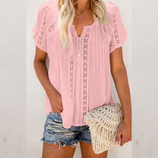 Pntutb Mujeres Sólido Cuello En V Encaje Crochet Ojal Manga Corta Camisas Casuales Blusas tops PNTUTB Pntutb-5271