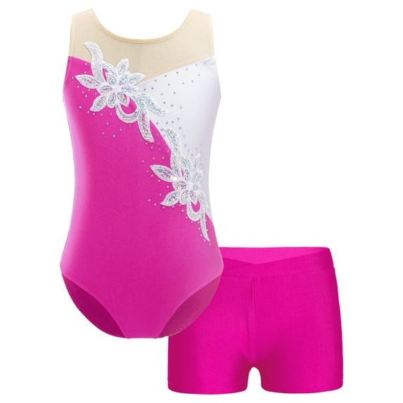 Aislor Kids Girls 2Pcs Sequins Ballet Dance Sleeveless Floral Gymnastic Leotard with Booty Shorts 4-14 Rose 4