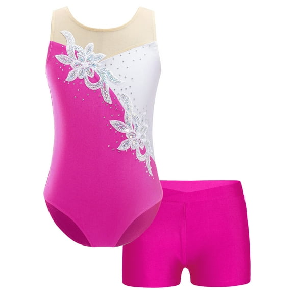CHICTRY Kids Girls Rhinestone Floral Gymnastics Dance 2Pcs Outfit Sleeveless Leotard with Shorts Set Rose 6