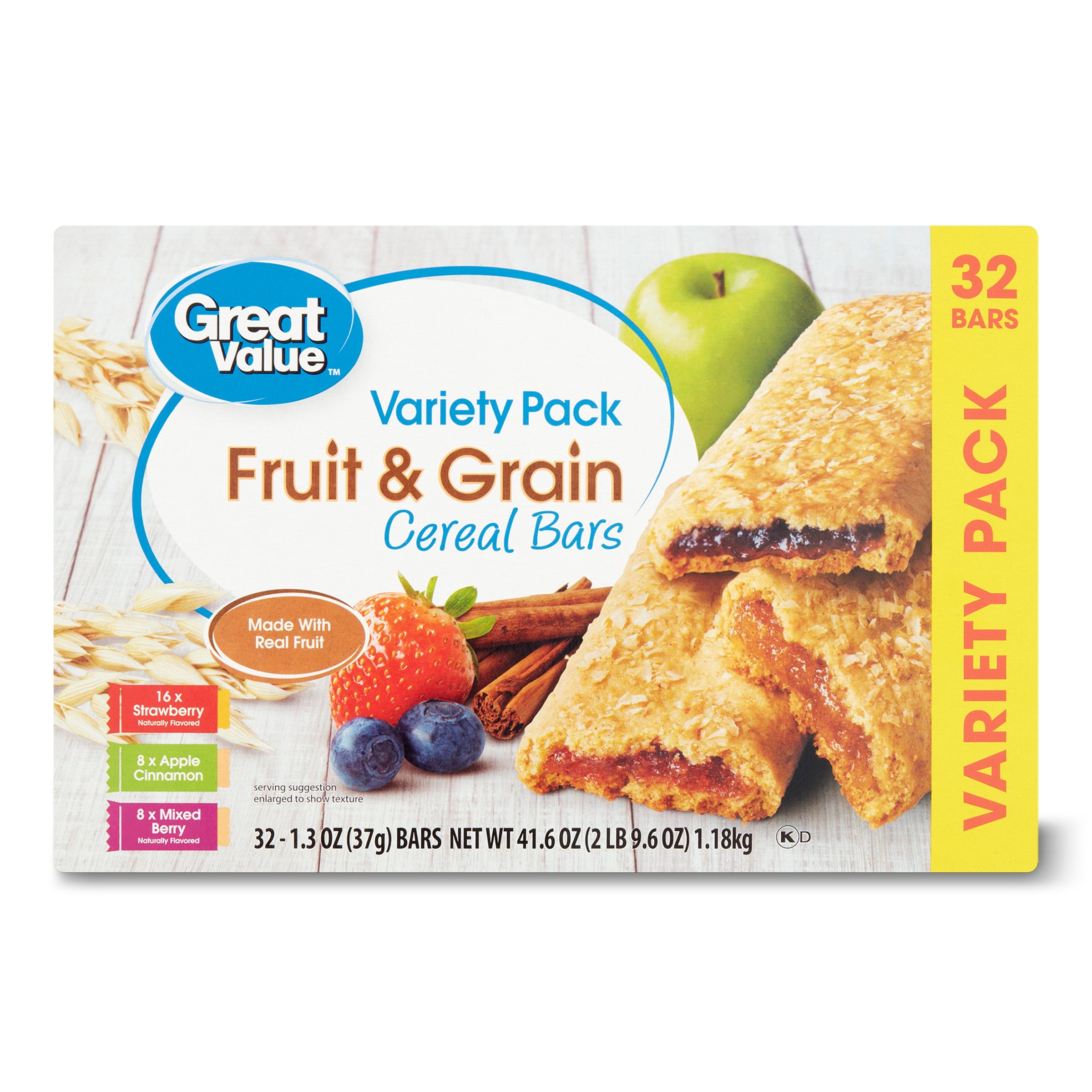Great Value Fruit & Grain Bars, Variety Pack, 41.6 oz, 32 Count
