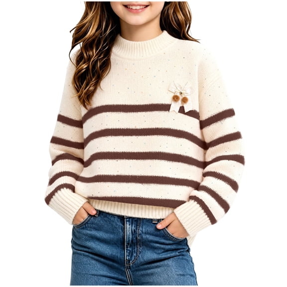 Girls Mock Neck Loose Knit Sweaters Kids Long Sleeve Warm Cute Fashion Pullover Tops 4-12 Years Brown 5-6 Years