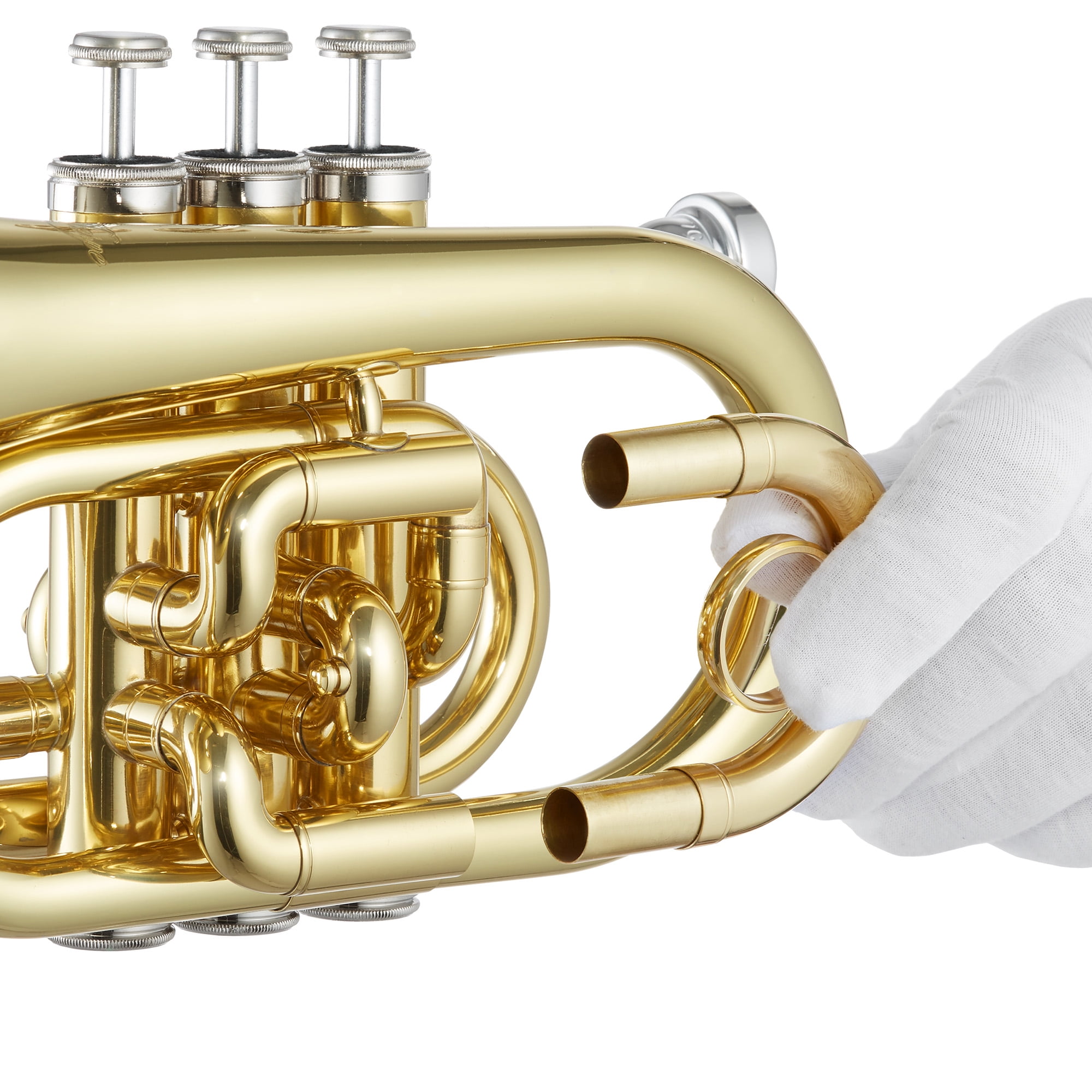 Ashthorpe Bb Brass Pocket Trumpet with Gold Lacquer Finish - Includes Case, Mouthpiece, Gloves, Cleaning Cloth, Valve Oil