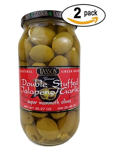 2 Pack Of Tassos All Natural Double Stuffed Jalapeno And Garlic Super Mammoth Olives... by