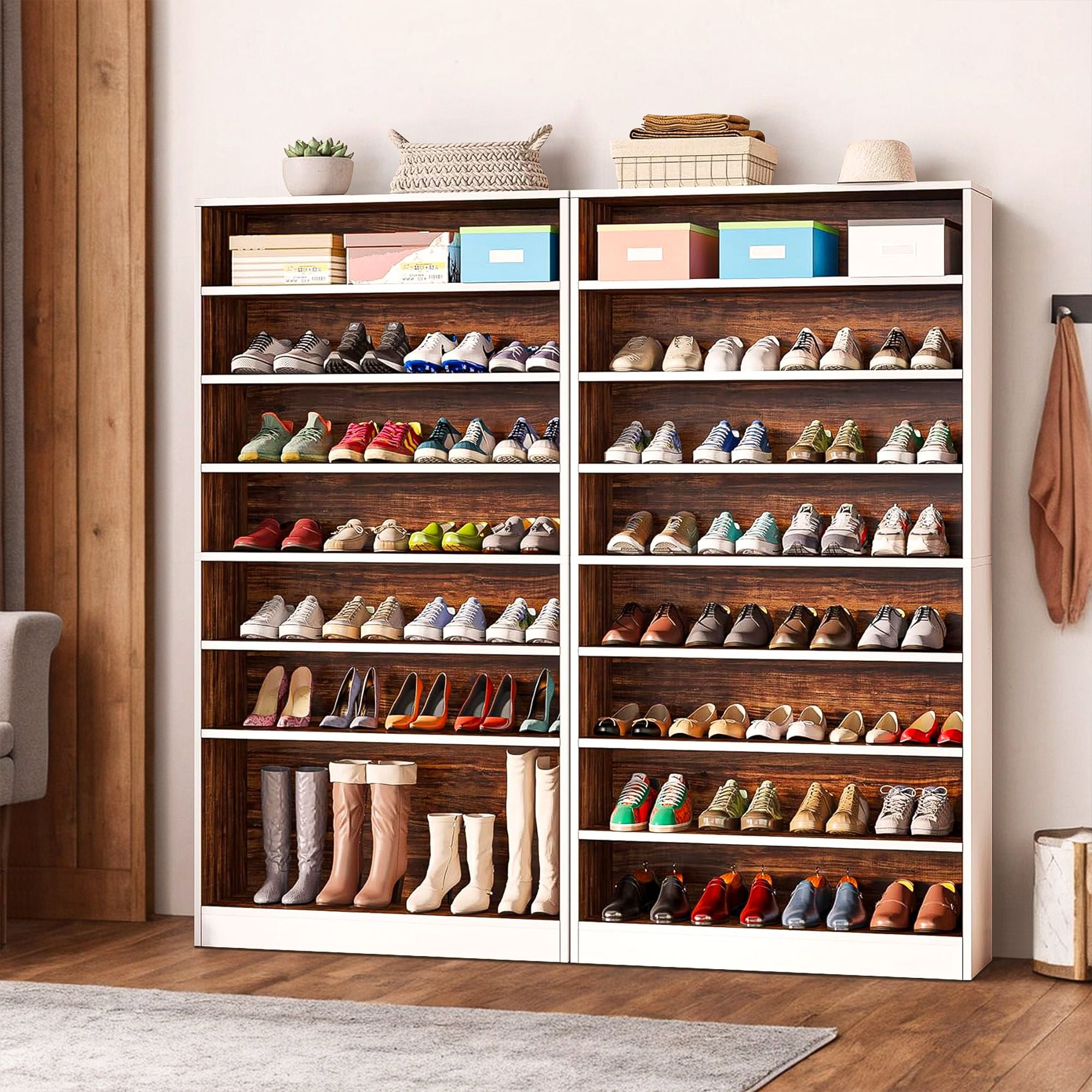 Demi Bonn Wooden Shoe Rack 9-Tier Shoe Storage Organizer Entryway Shoe Shelf, 40-45 Pairs Freestanding Shoe Cabinet, White & Brown
