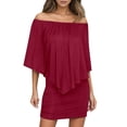thumbnail image 2 of YMNXA Womens Summer Dress Short Sleeve Off Shoulder Solid Color Comfortable Stylish Mini Dresses For Everyday Wear,M, 2 of 4