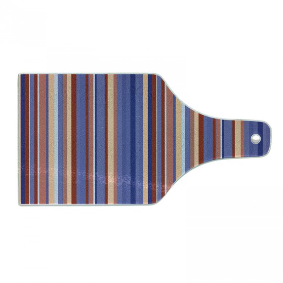 Abstract Cutting Board, Gradient Color Vertical Stripes Lines Art Retro Graphic Display, Decorative Tempered Glass Cutting and Serving Board, Wine Bottle Shape, Violet Blue Salmon, by Ambesonne