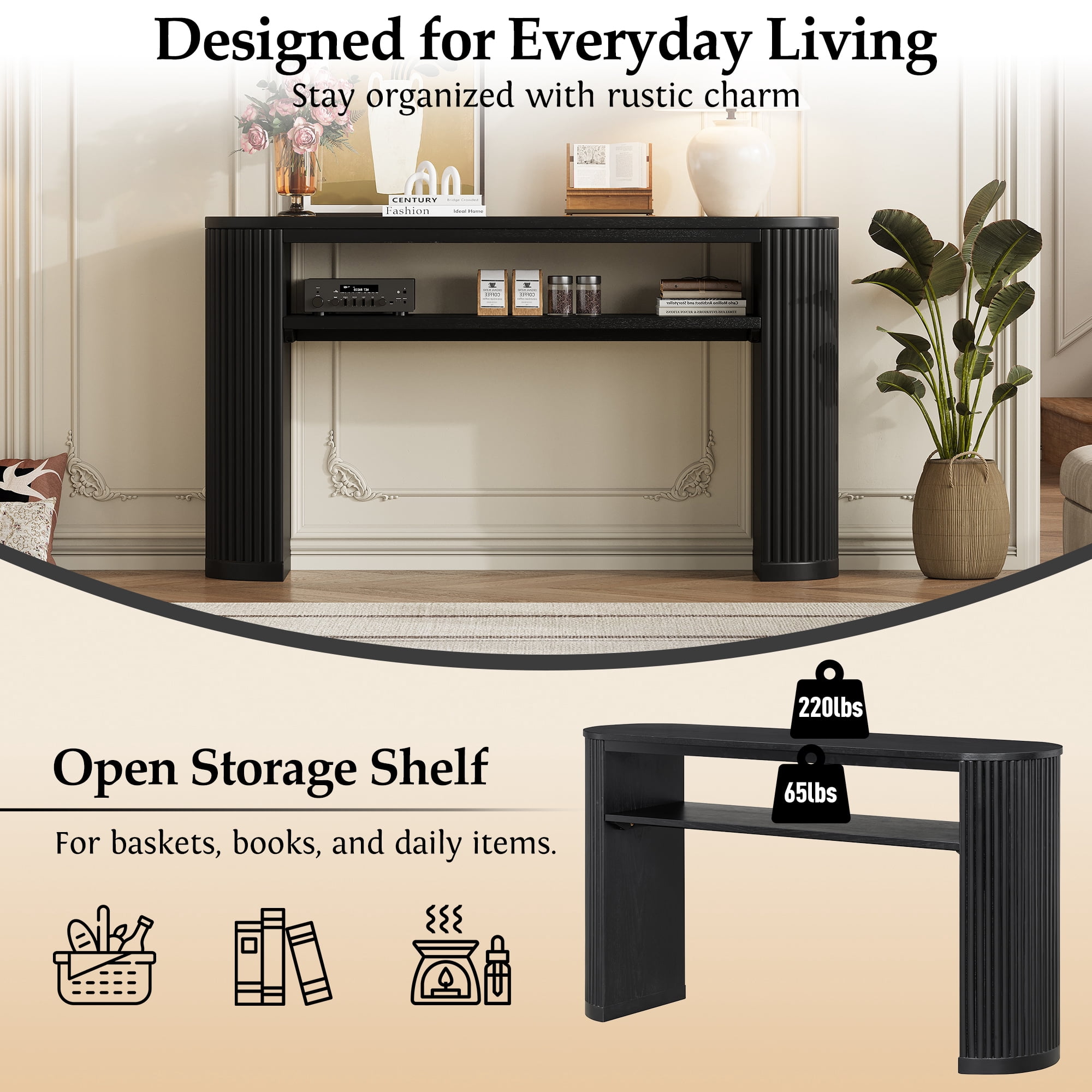 Euroco 53" Fluted Console Table, Modern Entryway Table with Open Storage Shelf & Wood Legs, Long Sofa Table Behind Couch for Living Room, Hallway,Black