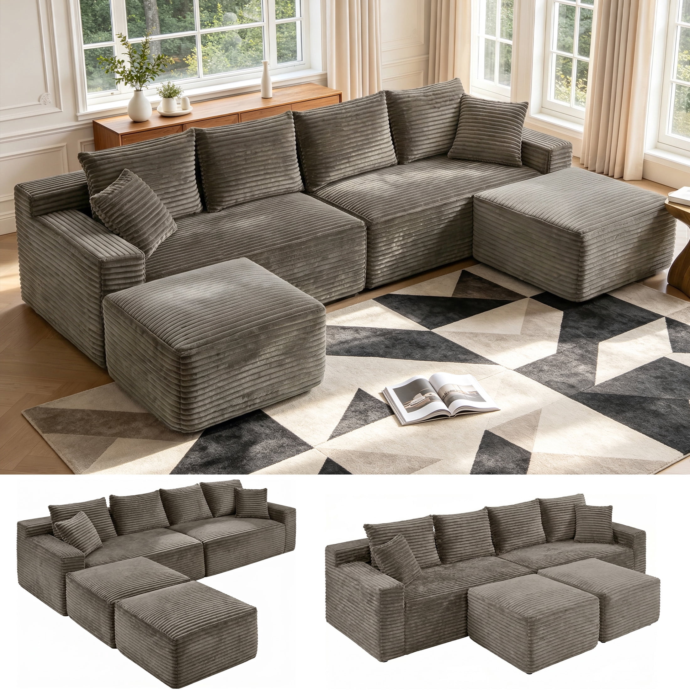 Aenkyo 115" Corduroy U-Shaped Modular Sectional Sofa with 2 Ottomans, 4-Seater, Brown