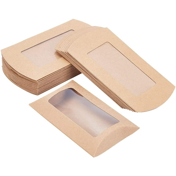 30pcs 30pcs 4x2.8x0.8 Inches Brown Kraft Paper Pillow Boxes with Clear Window Candy Packaging Box Treat Box for Birthday Wedding Party Brown