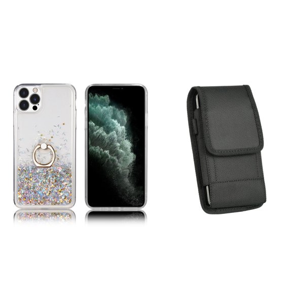 Waterfall Liquid Glitter Stand Case and Belt Holster Pouch for iPhone 14 Pro - Silver