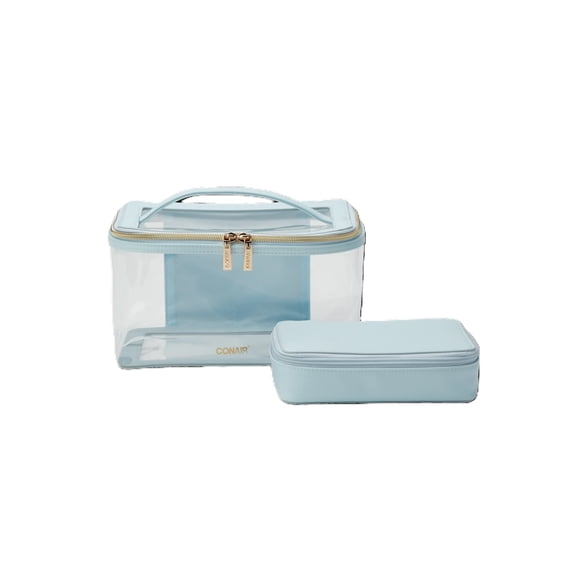 Conair Blue 2-Piece Train Case Set, See-Through Beauty Organizer with Matching Pouch