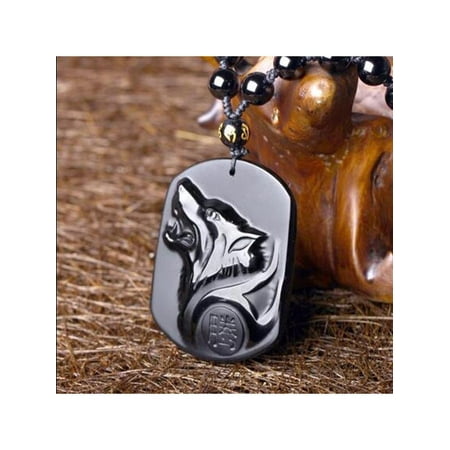 Natural Handwork Carved Black Obsidian Wolf Head Pendant With Beads Necklace Jewelry