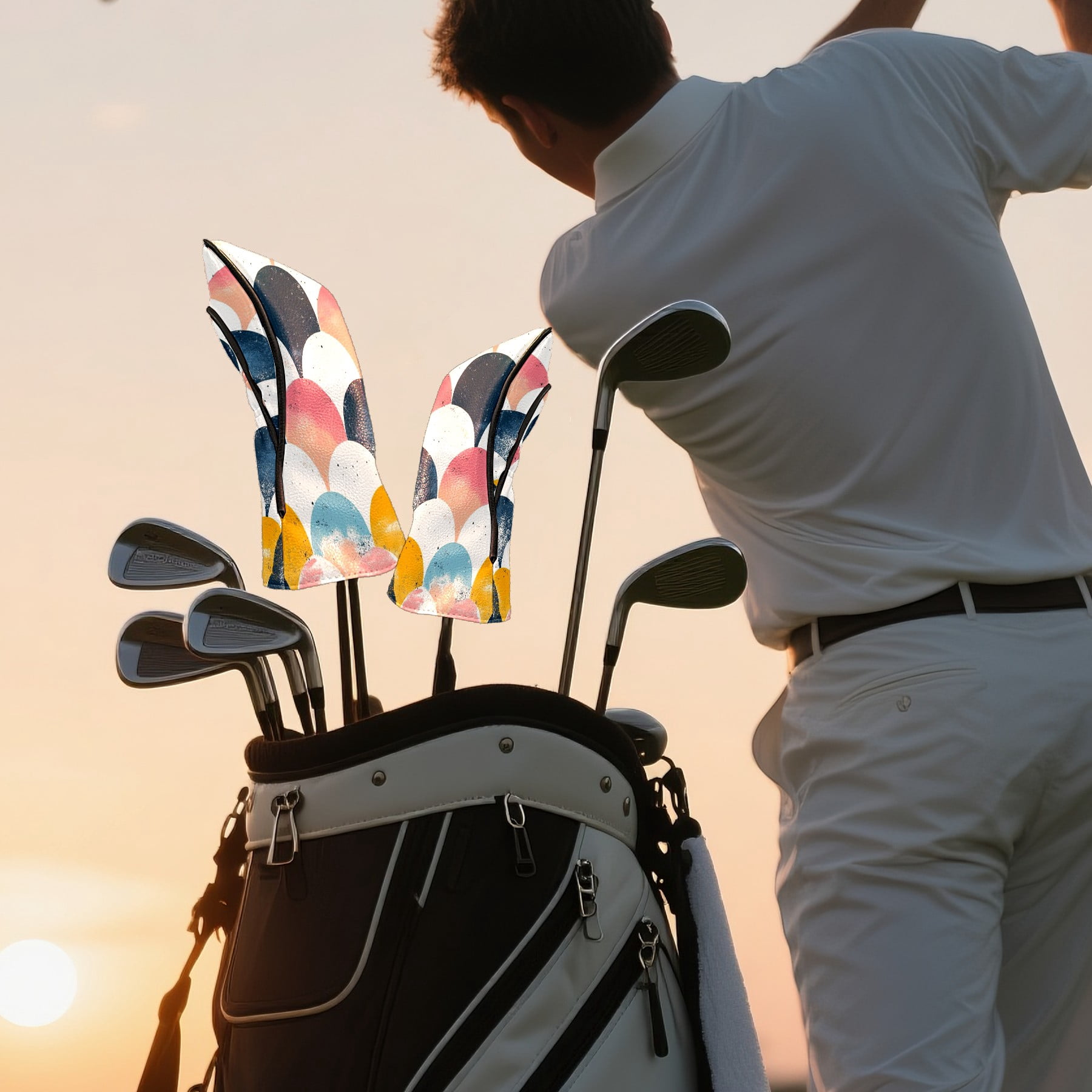 Golf Club Covers PU Leather Waterproof Head Covers for Fairway Woods Hybrids Fish Scale Pattern Unisex Fits Most Brands
