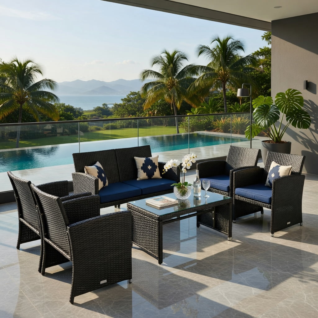 Hommoo 4-Piece Outdoor Rattan Patio Furniture Set with Cushions, Tempered Glass Coffee Table, Loveseat & 2 Chairs, Weather-Resistant Wicker Seating for Patio, Poolside & Deck, Navy