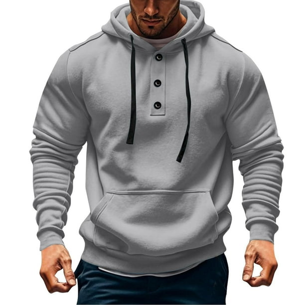 Sudadera con capucha para hombre, color liso, a la moda, con bolsillo, botón, cordón, informal, deportiva, de manga larga, cárdigan con capucha, sudadera para hombre, blusa de poliéster