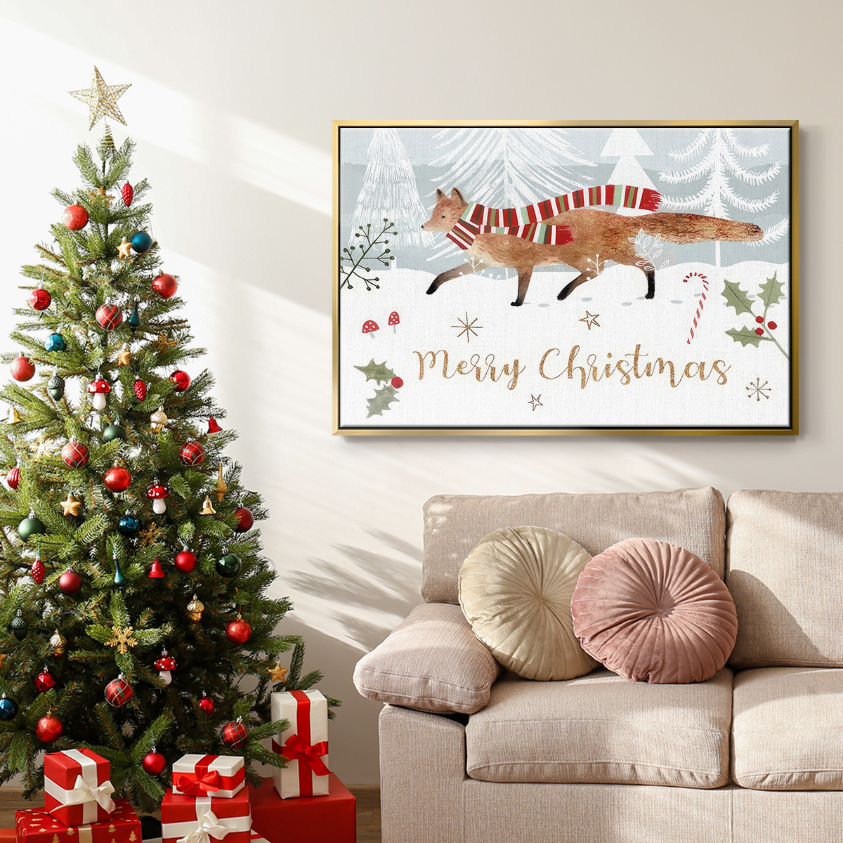 Woodland Christmas Collection A - Framed Gallery Wrapped Holiday Canvas - 27 x 41 - Gold Frame