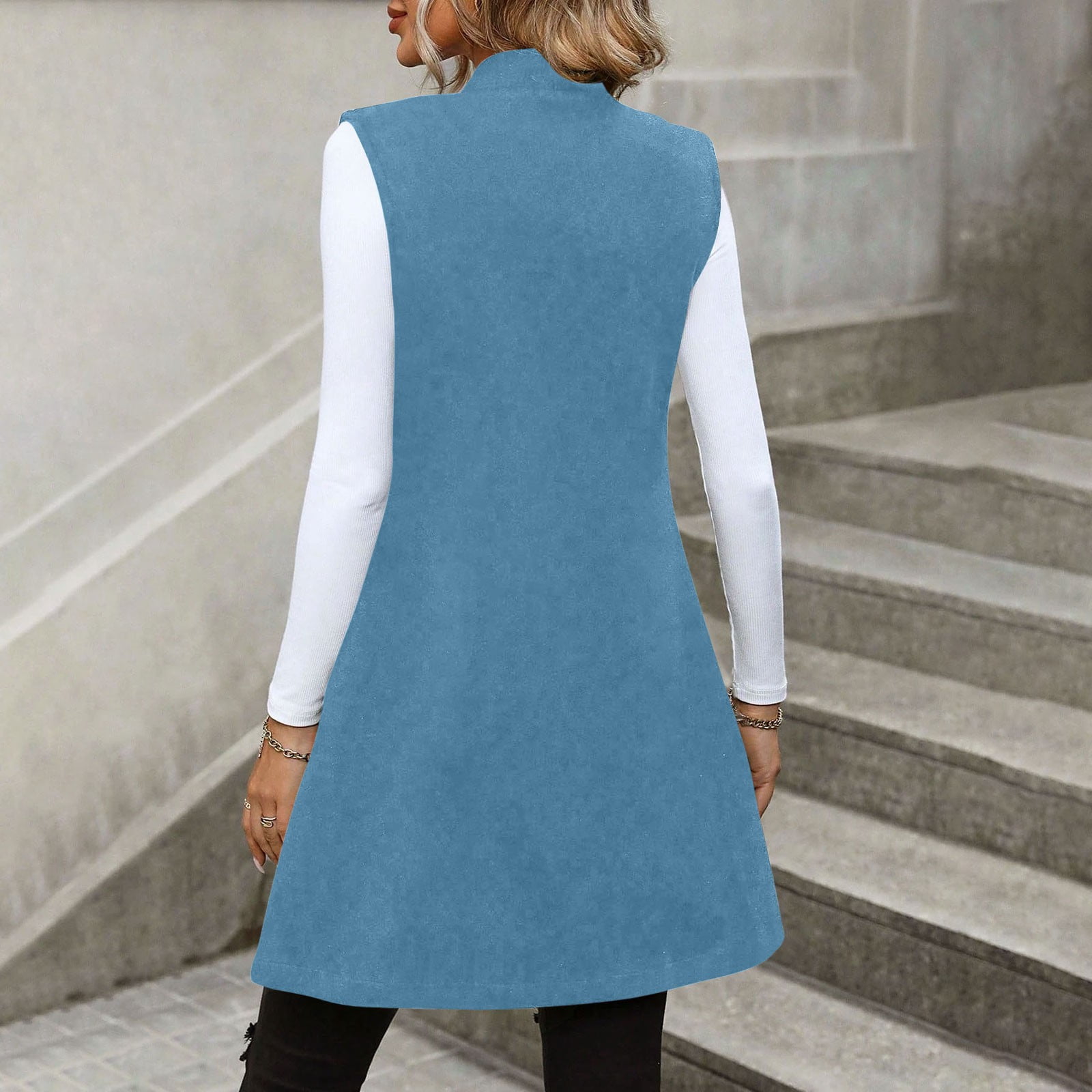 Long Waistcoat Women Fall Winter Sleeveless Vests Suit Elegant Cardigan Blazer Waistcoat with Pockets Warm Clothes for Lady Winter Blue S