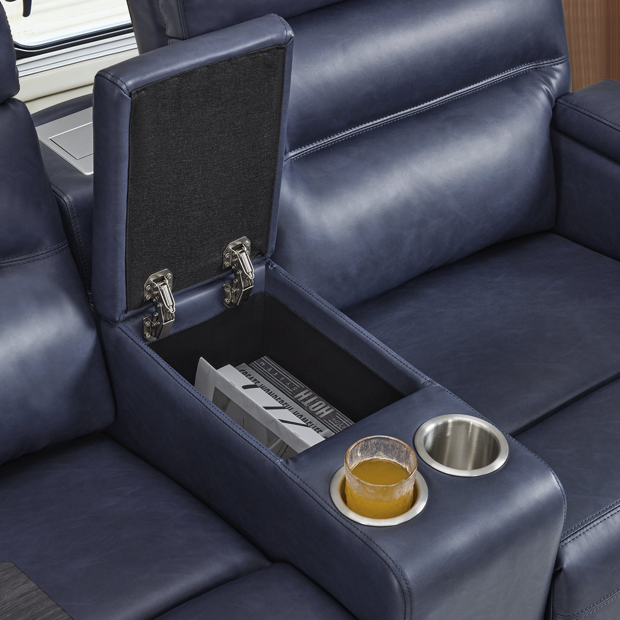 MCombo 73" Wall Hugger Power Loveseat Recliner with Console for Small Spaces, RV, 360° Swivel Tray Table, Armrest Storage, Navy Blue