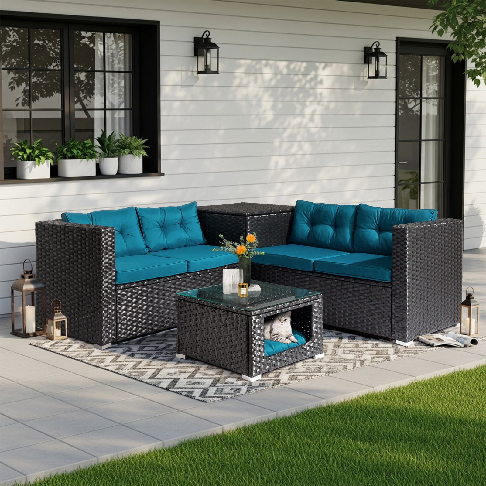 Ktaxon 4-Piece Patio Rattan Sofa Set, 2 Loveseats with Storage & Pet Coffee Table, Peacock Green Cushions, Black