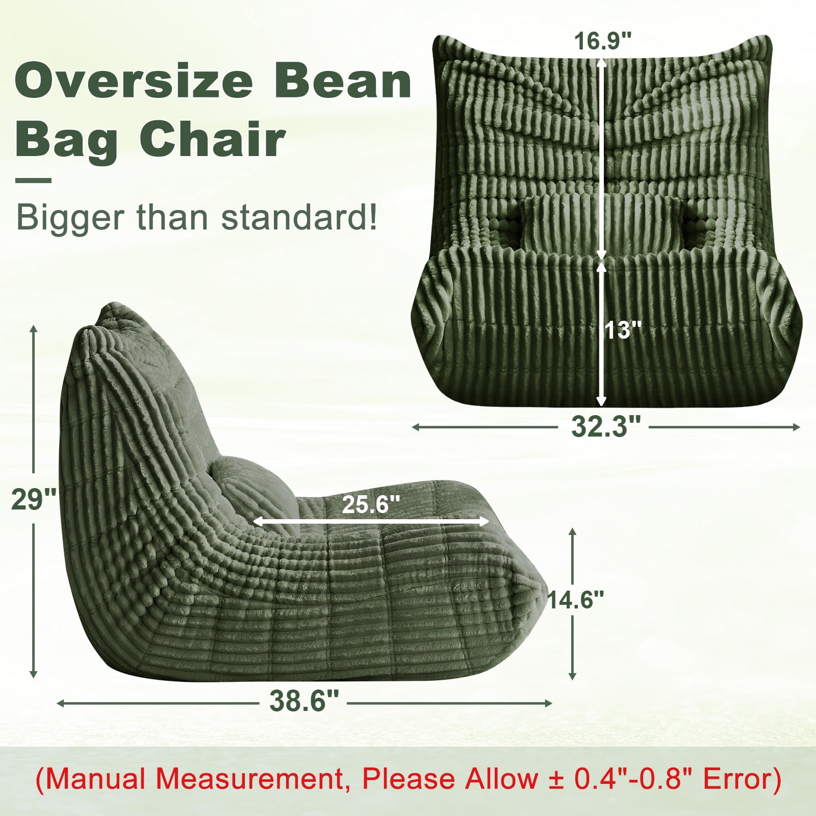 Bean Bag Chair for Adults with Lumbar support pillow Memory Foam Giant Bean Bag Sofa with Corduroy Material Lazy Sofa for Living Room Bedroom Dorm Office, Green